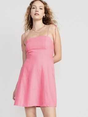 Old Navy Super Cute Pink Fit-and-Flare Linen-rich Tie-shoulder Mini Dress (S)